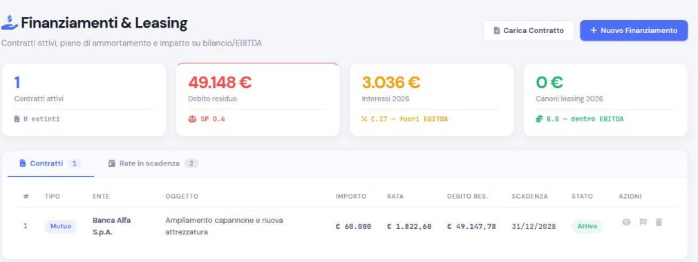 Quadro dei finanziamenti con debito residuo, interessi e canoni leasing