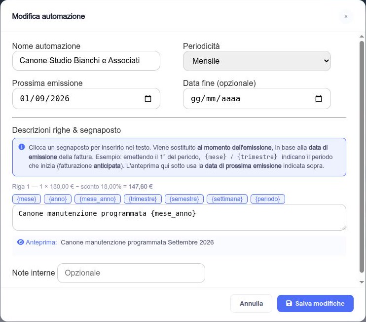 Editor delle descrizioni con i segnaposto e anteprima del testo finale